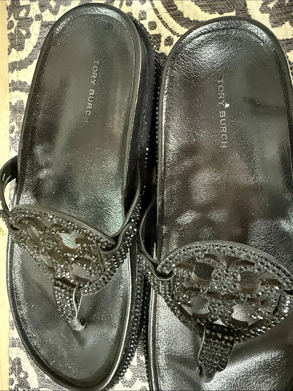 Tory Burch Black Leather Beaded Slide Sandals